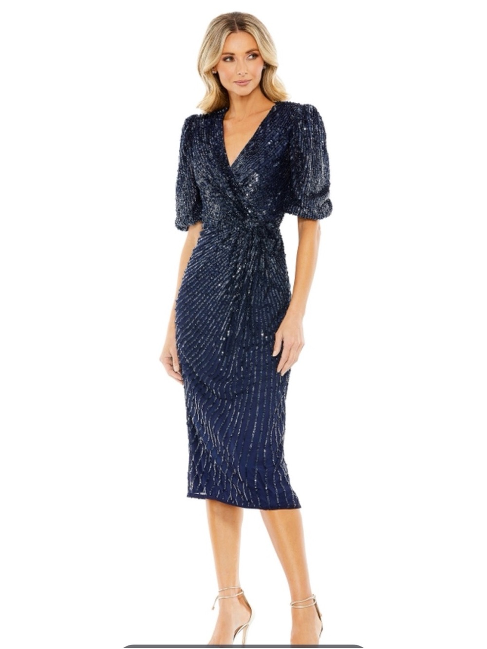 Mac Duggal Navy Sequin Wrap-Style Midi Dress